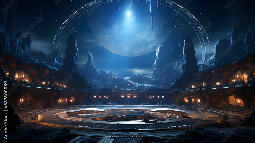 Aufkleber a mysterious portal glows above an alien structure built into a moon base. the planet beyond is visi