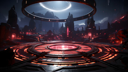 Obraz premium A desolate alien landscape with red hot lava flows and futuristic architecture built into the rocky terrain, illuminated by a giant ring.