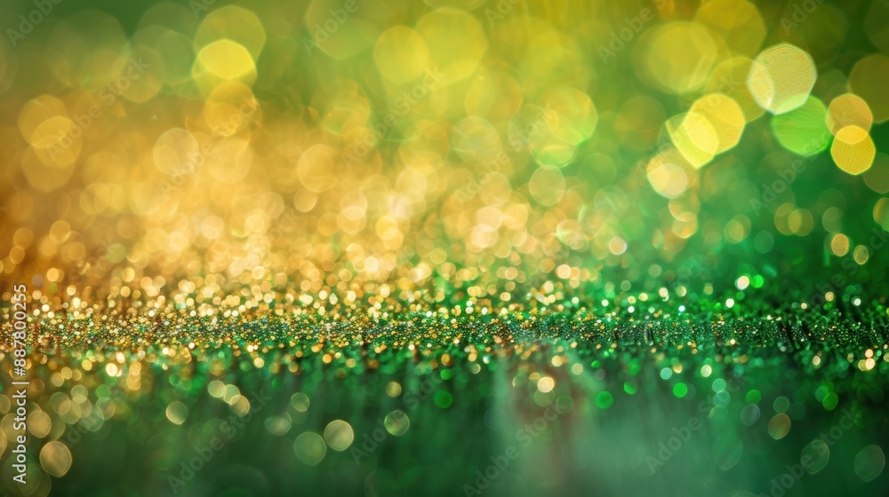 Poster bright green and yellow bokeh background with sparkling lights, creating a festive and dreamy atmosp
