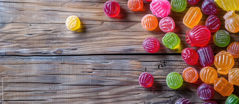 Fototapete An appetizing assortment of hard candies displayed on a wooden surface in a flat lay composition with room for text in the image. with copy space image. Place for adding text or design