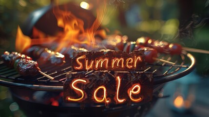 A summer sale sign is displayed on a barbecue grill with skewers of meat and vegetables in the background.
