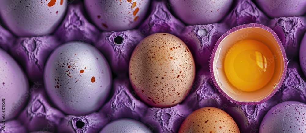 Leinwandbilder a close up horizontal image of numerous chicken eggs in a vibrant violet carton showcasing a visible