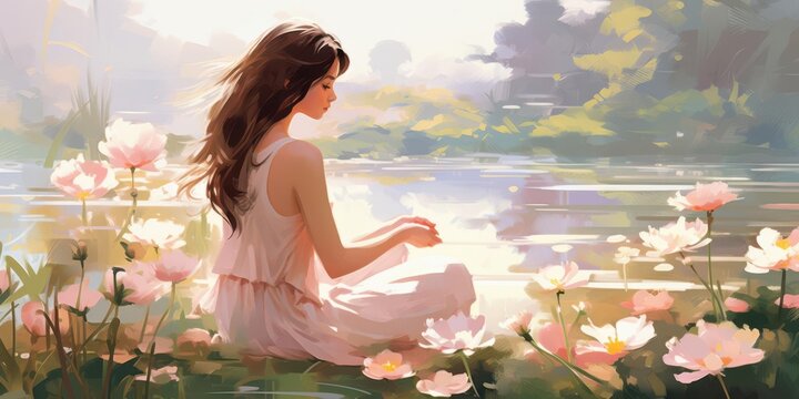 A person sitting in a serene garden, gently smiling at their reflection in a pond, surrounded by blooming flowers and greenery, soft pastel colors creating a nurturing vibe