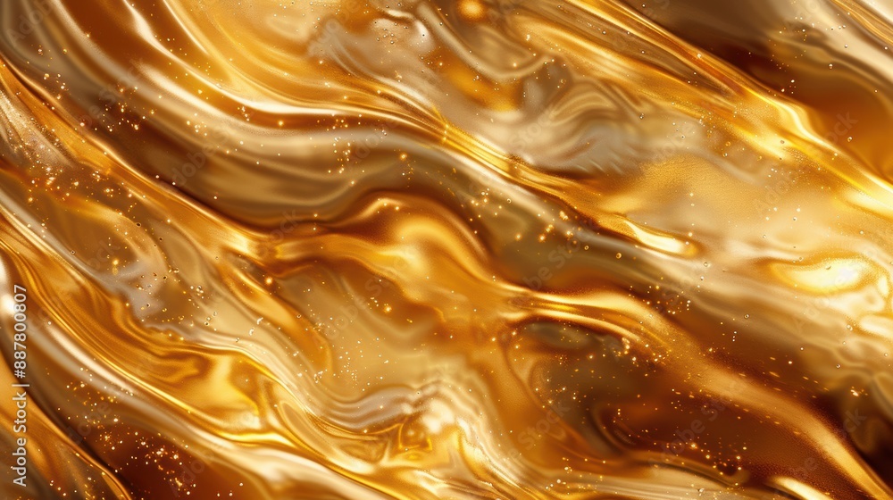 Poster abstract golden liquid metallic texture with flowing waves and shimmering sparkles, creating a luxur