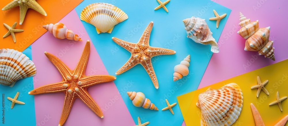 Poster top view of a summer themed flat lay composition featuring lovely starfish and seashells on a colorf
