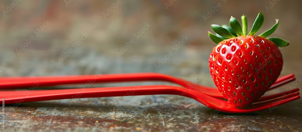 Aufkleber A minimalist shot featuring one strawberry and three red forks with a selective focus perfect for showcasing with copy space image