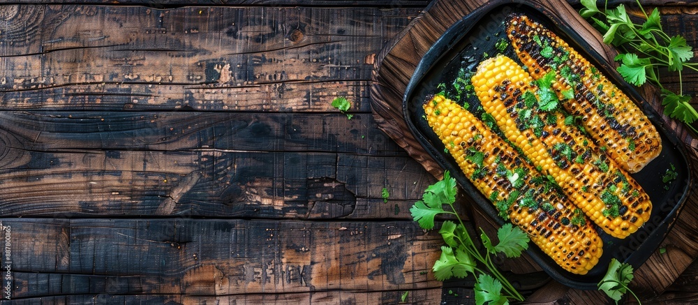 Poster top view of mexican grilled corn cobs with sauce and coriander on rustic wooden backdrop emphasizing