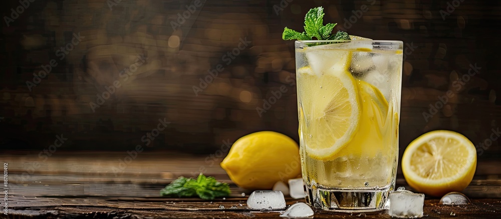 Leinwandbilder selective focus on a cold refreshing glass of lemonade with a lemon slice mint and ice set on a dark