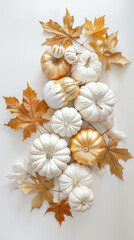 White and Gold Pumpkins with Autumn Leaves