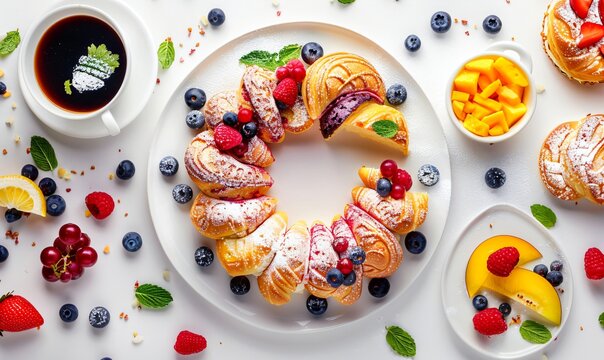 Delicious homemade croissant cake with berries and icing sugar, surrounded by fresh fruit and a cup of coffee - top-down view