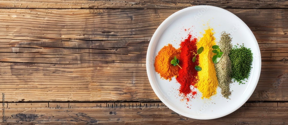 Poster A colorful array of spices on a white plate set against a wooden backdrop provides ample copy space for text in the image