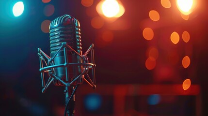 Close-up of a vintage microphone set against a backdrop of colorful studio lighting, creating a vibrant and retro atmosphere.