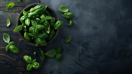 Fresh Basil in a Bowl on a Dark Background