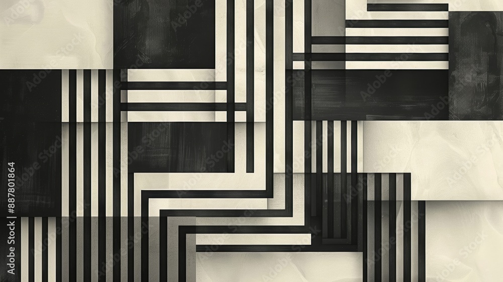 Poster monochromatic abstract art with black and white geometric lines and shapes creating a modern and sop