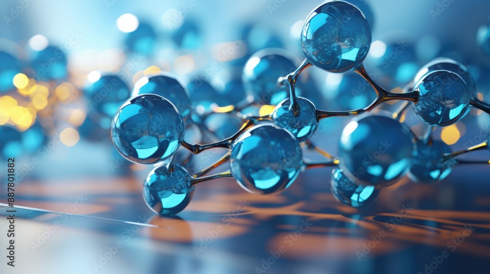 Poster abstract close-up of blue molecular structure with golden bokeh in the background, representing scie