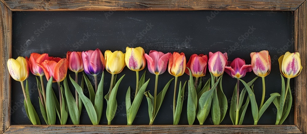 Poster Top view of a stunning tulip arrangement on a wooden frame with a blackboard backdrop perfect for Mother s Day with a place for text or design in the image. with copy space image