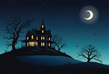 a vector of halloween haunted house with a crescent moon in the night sky