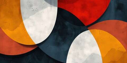 Colorful abstract geometric art featuring overlapping bold circles in red, yellow, white, and black on a textured background.