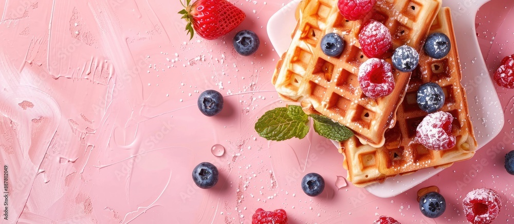 Leinwandbilder A top view image presenting the menu concept of sumptuous Belgian waffles with a delectable sweet dessert snack creating an inviting background with copy space