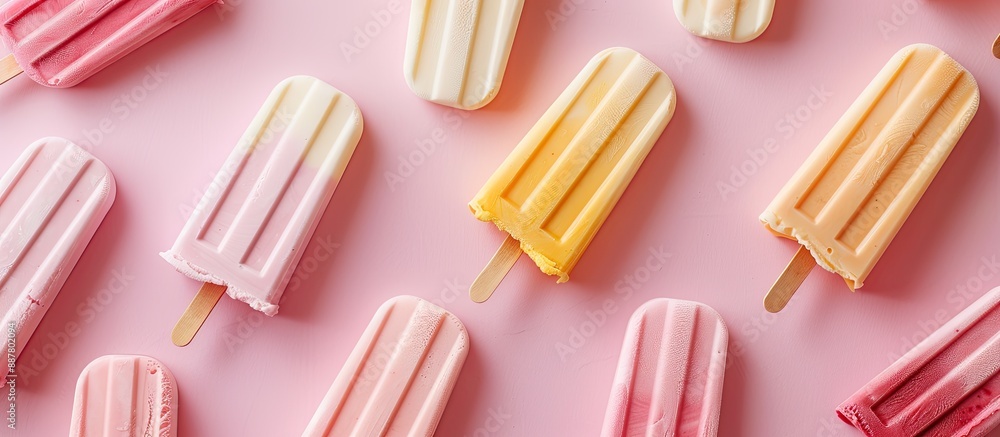 Aufkleber copy space image of various popsicle ice creams on a soft pink spring themed background photographed