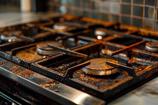 Close-up of a rusty and greasy gas stovetop in a modern kitchen.
