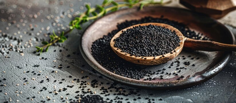 Close up view of a plate with Black cumin seeds also known as nigella sativa or kalonji on a gray table beside a wooden spoon The image includes copy space and reflects elements of traditional Asian m