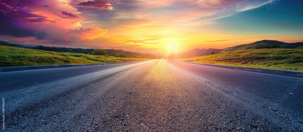 Aufkleber Sun rising on the skyline over an empty asphalt road with a colorful sunset painting the backdrop in a minimalist style design creating a nature background landscape with ample copy space for an image