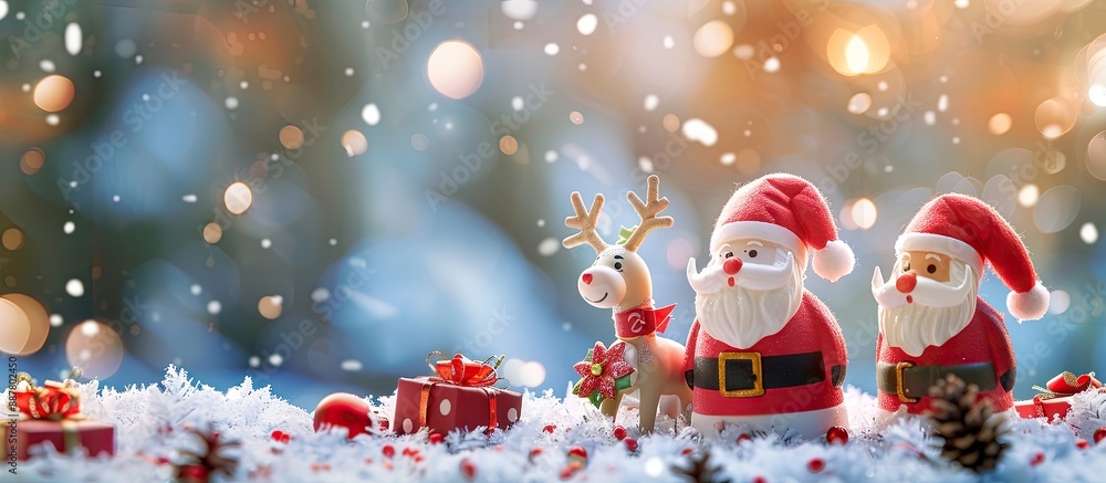 Poster A duo of Santa Clauses two reindeer and presents amidst a snowy setting in a copy space image