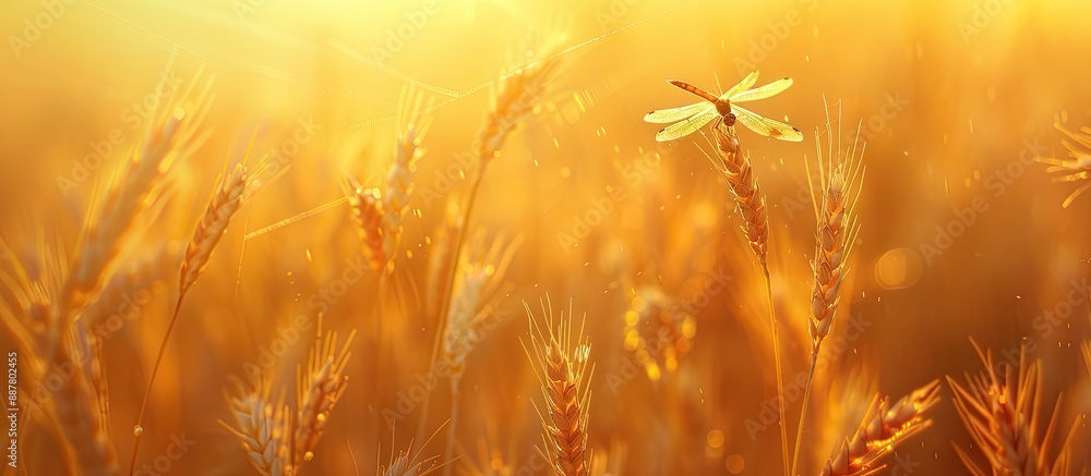 Poster scenic field of golden rye under the sun with a close up image showcasing a dragonfly perched on a p