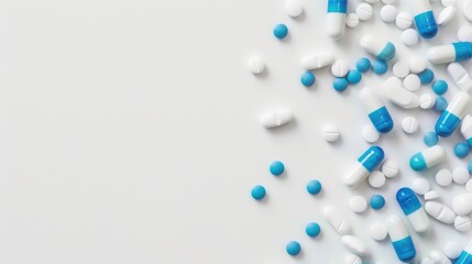 Copy space with white and blue pill capsules on white background