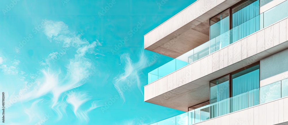 Poster Minimalist building facade with a balcony set against the sky creating a serene backdrop for a copy space image