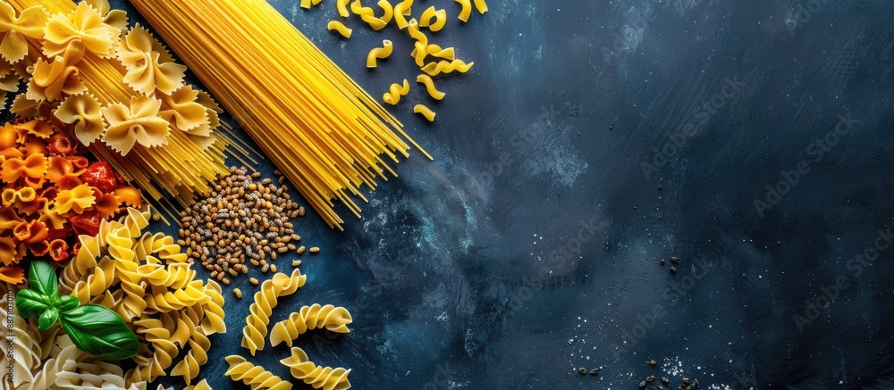 Poster top view of various types of traditional italian pasta like penne tagliatelle fusilli farfalle and s