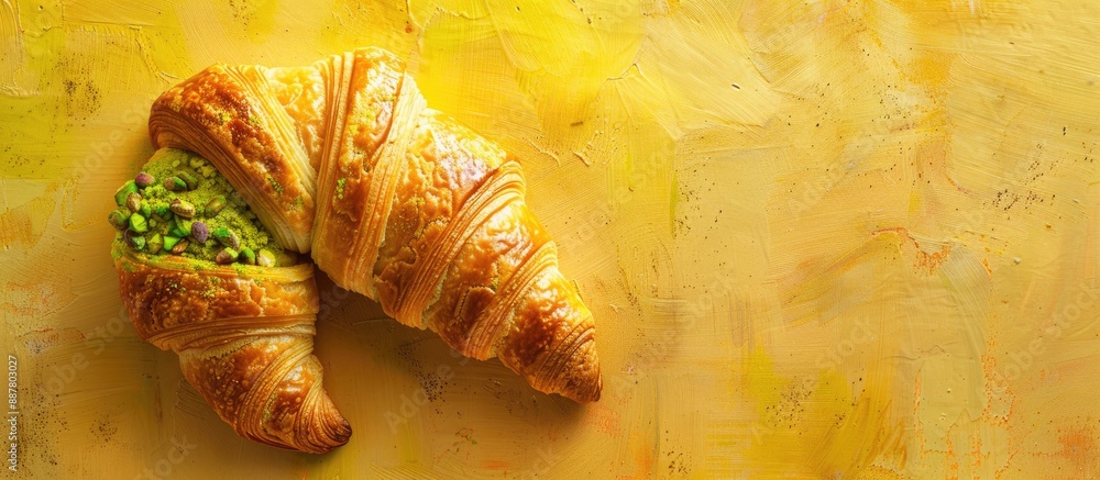Fototapete a tasty homemade croissant with pistachio filling on a textured yellow background copy space image a