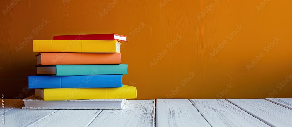 Poster education and back to school theme featuring a stack of vibrant hardcover books arranged on a white 