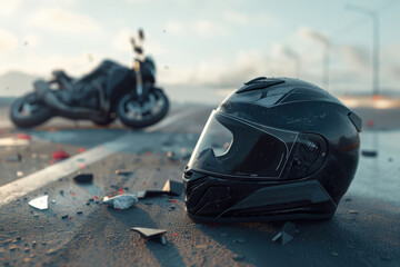 Fototapeta premium Black motorcycle helmet lying on asphalt with a crashed motorcycle in the background