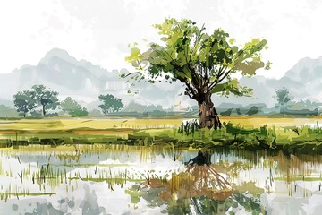 Green tree with leaves. Hand drawn watercolor painting, isolated on white background.stylized summer tree. Eco design.