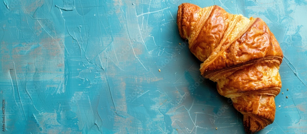 Fototapete a fresh croissant is displayed on a blue background with copy space perfect for a rustic food backgr