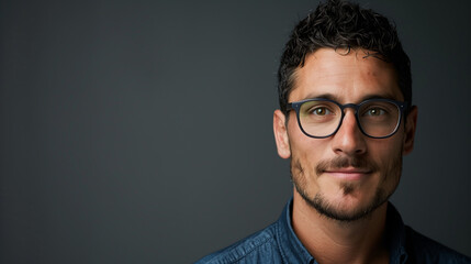Obraz premium A serious-looking Millennial man in his late 30s with short black hair and glasses