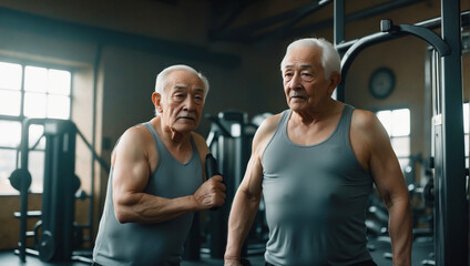Workout: A senior men lifting weights during his gym workout.