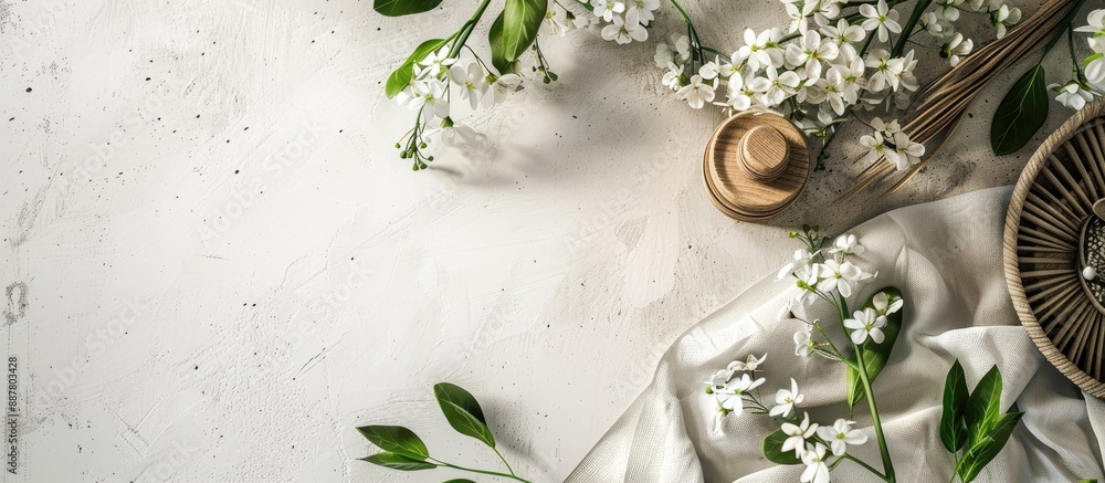 Poster Sleek mockup for showcasing art with a white rustic backdrop featuring flowers and space for advertising or publicity text in the image. with copy space image. Place for adding text or design