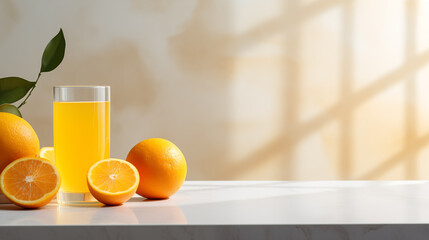 A glass of fresh orange juice on the kitchen table
