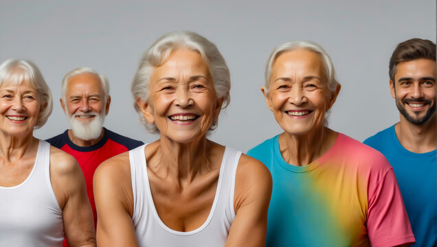 Workout: A diverse group of seniors happily standing together, smiling for the camera.