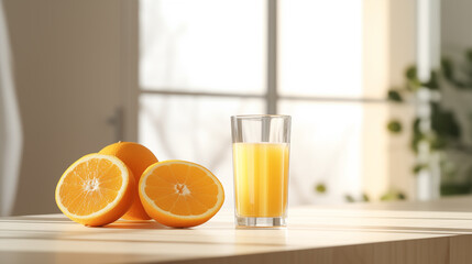 A glass of fresh orange juice on the kitchen table