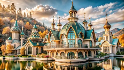 Obraz premium A beautiful tall majestic architectural building in a picturesque landscape.