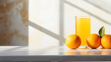 A glass of fresh orange juice on the kitchen table