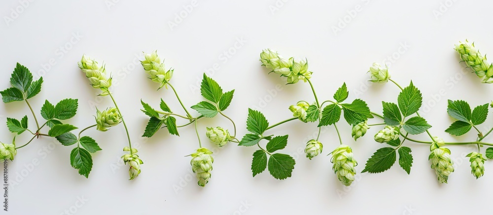 Aufkleber An arrangement of fresh hop sprouts on a plain white backdrop perfect for adding text or images. with copy space image. Place for adding text or design