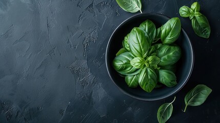 Fresh Basil in a Black Bowl on a Dark Background