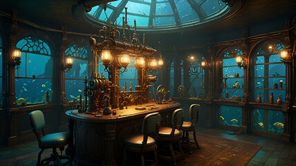 Naklejka premium An underwater steampunk laboratory where merfolk scientists conduct experiments using elaborate brass and copper contraptions. Background