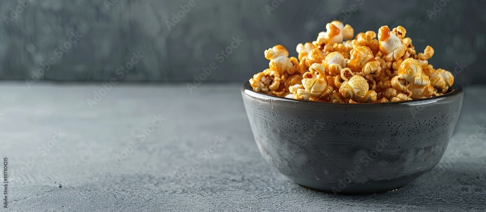 Aufkleber Low angle view of a gray bowl filled with homemade caramel popcorn perfect for adding text with copy space image