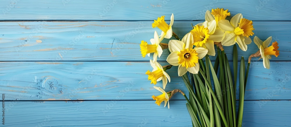 Fototapete Top view of a lovely bouquet of daffodils displayed on a blue wooden surface with ample space for adding text around the image
